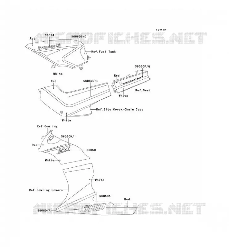 DECALS(RED/WHITE) Kawasaki MOTOS 500 1992 GPZ500S  EX500-A6