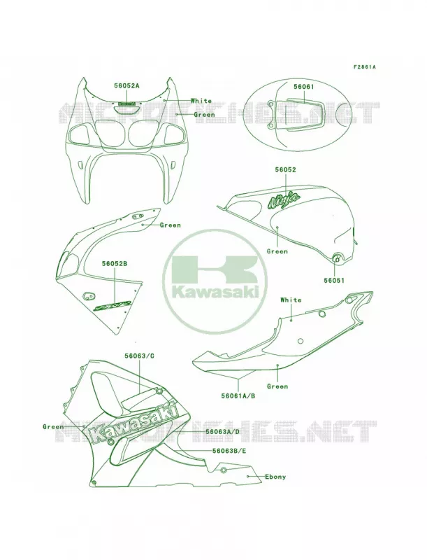 DecalsGreenZX750-P5 Kawasaki MOTOS 750 2003 Ninja ZX-7R  ZX750-P8